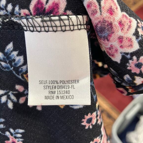 Mi Ami Floral‎ Peplum Wrap Top Black Pink Short Sleeve Ruffle Blouse Size S - Picture 7 of 7